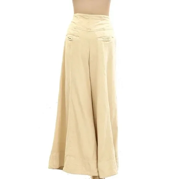 Free People Maxed Out Wide-Leg Trousers Pants Mid-Rise Pleated Beige S-6 278386